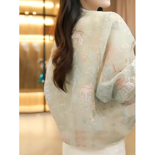 新中式國風刺綉盤釦長袖外套女2025春夏新款氣質寬鬆短款防曬上衣