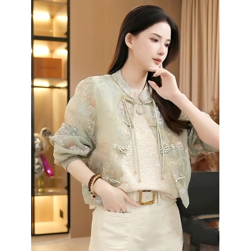 新中式國風刺綉盤釦長袖外套女2025春夏新款氣質寬鬆短款防曬上衣