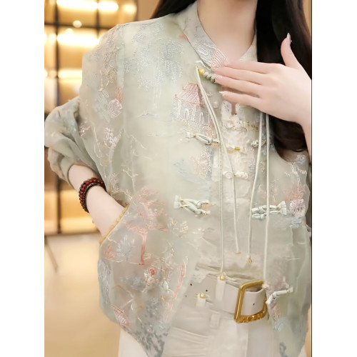 新中式國風刺綉盤釦長袖外套女2025春夏新款氣質寬鬆短款防曬上衣