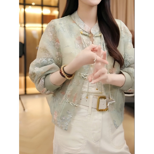 新中式國風刺綉盤釦長袖外套女2025春夏新款氣質寬鬆短款防曬上衣