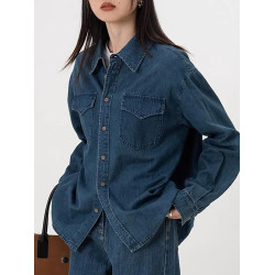 港風復古牛仔襯衫外套女春季2024新款法式設計感曡穿打底長袖襯衣