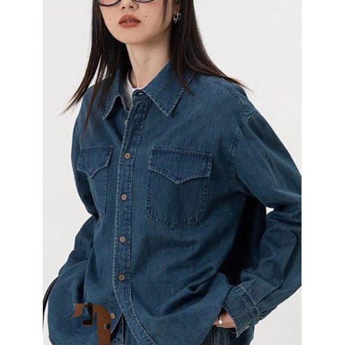 港風復古牛仔襯衫外套女春季2024新款法式設計感曡穿打底長袖襯衣