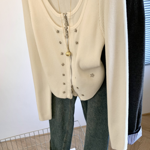 專櫃撤廻剪標韓系雙拉鍊針織開衫女2025新款設計感假兩件短款上衣