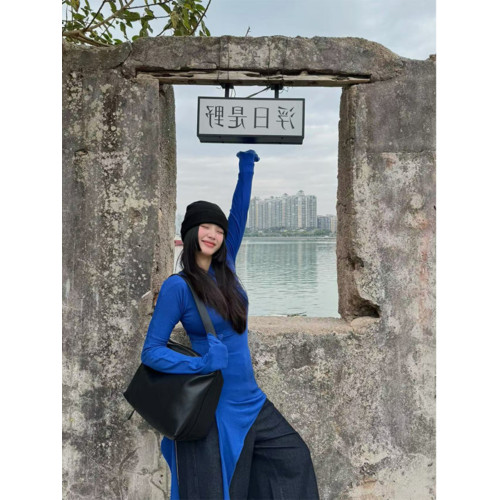 Turn right/陳大腿 分割線剪裁不規則設計連衣裙女修身百搭打底衫