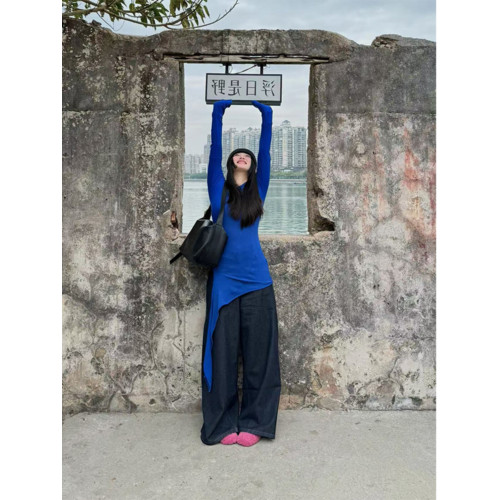 Turn right/陳大腿 分割線剪裁不規則設計連衣裙女修身百搭打底衫