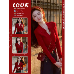 新年穿搭紅色polo領針織衫女2025新款修身v領毛衣內搭打底上衣女