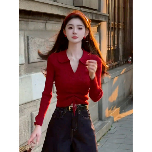 新年穿搭紅色polo領針織衫女2025新款修身v領毛衣內搭打底上衣女