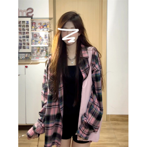美式復古格子襯衫外套女春秋季2025新款oversize長袖上衣初早春裝