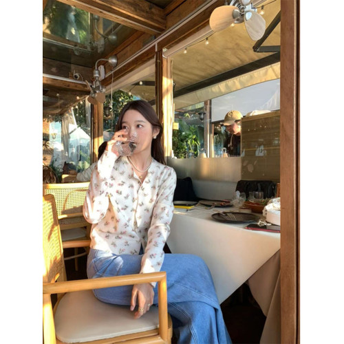 Turn right/陳大腿 法式印花開衫女春季百搭氣質紐釦碎花隨性上衣