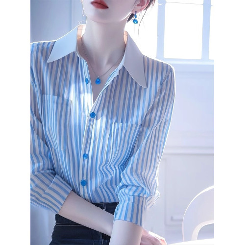 法式輕熟絕美藍色條紋Polo領長袖襯衫女春秋款高級感休閒通勤襯衣