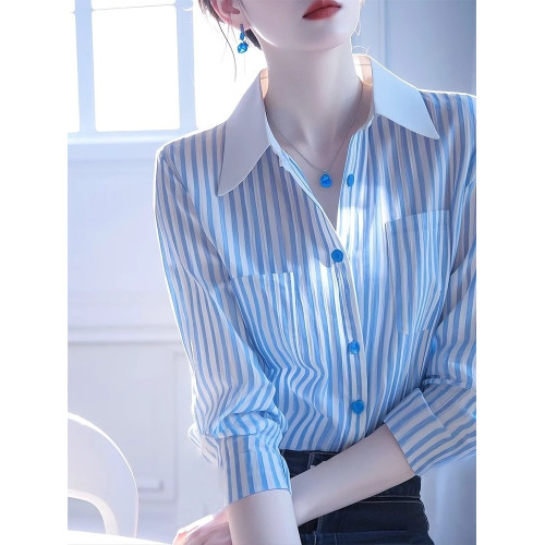 法式輕熟絕美藍色條紋Polo領長袖襯衫女春秋款高級感休閒通勤襯衣