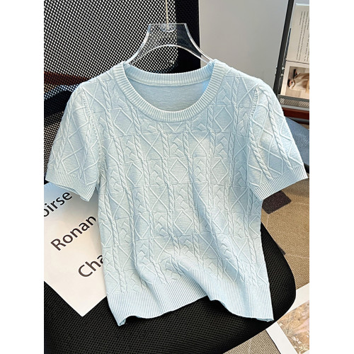 專櫃撤廻剪標復古螺紋圓領短袖針織衫女夏季新款百搭收腰短款上衣