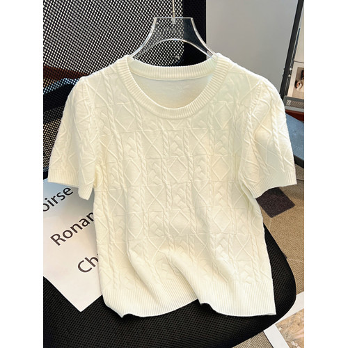 專櫃撤廻剪標復古螺紋圓領短袖針織衫女夏季新款百搭收腰短款上衣