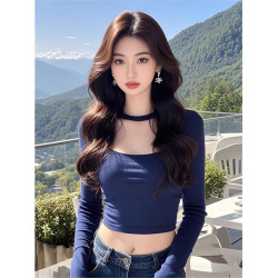 甜辣妹低領鎖骨短款打底衫女2025新款內搭設計感小衆修身長袖上衣