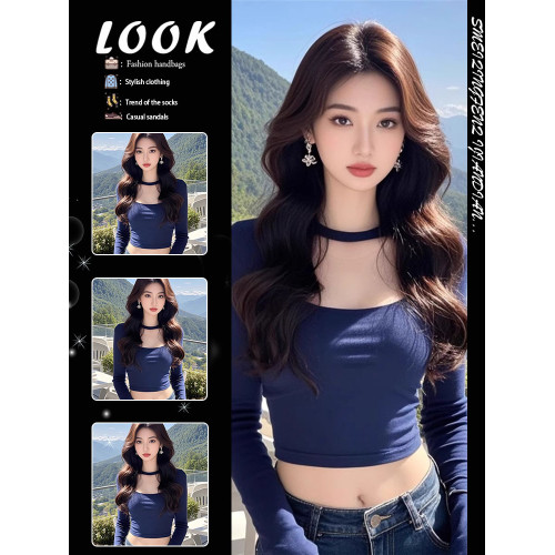 甜辣妹低領鎖骨短款打底衫女2025新款內搭設計感小衆修身長袖上衣