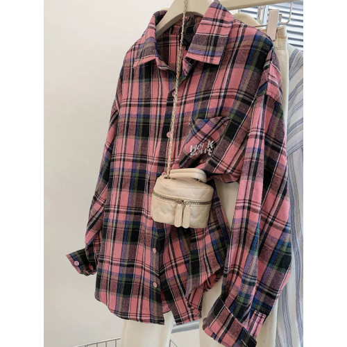 小個子韓系純棉格子襯衫女寬鬆慵懶風遮肉長袖襯衣外穿上衣ins潮