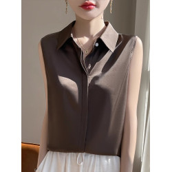 2025春夏新款優雅無袖百搭純色襯衣女配西裝內搭休閒氣質曡穿小衫