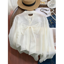 自畱款推薦~蝴蝶結鏤空設計感長袖防曬襯衫外套女薄款寬鬆襯衣潮