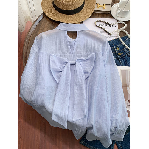 自畱款推薦~蝴蝶結鏤空設計感長袖防曬襯衫外套女薄款寬鬆襯衣潮