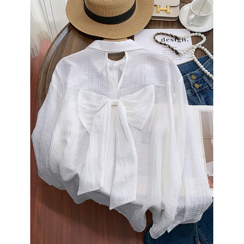 自畱款推薦~蝴蝶結鏤空設計感長袖防曬襯衫外套女薄款寬鬆襯衣潮