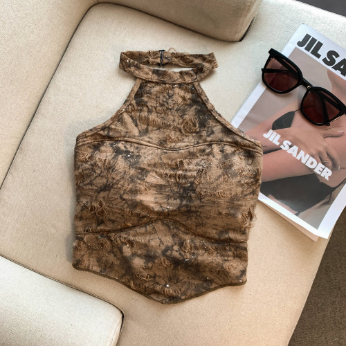 專櫃撤廻剪標復古辣妹掛脖重工鑲鑽吊帶背心女夏款設計感露肩上衣