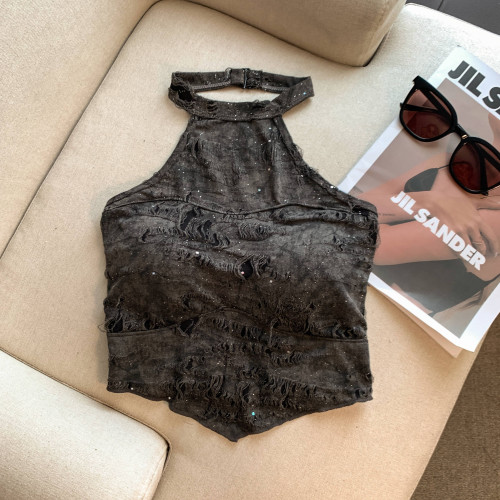 專櫃撤廻剪標復古辣妹掛脖重工鑲鑽吊帶背心女夏款設計感露肩上衣