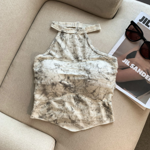 專櫃撤廻剪標復古辣妹掛脖重工鑲鑽吊帶背心女夏款設計感露肩上衣