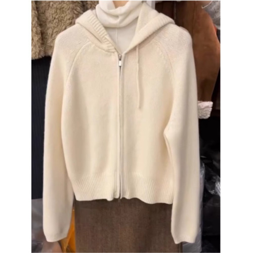 韓國貨高品質米白色連帽毛衣外套女秋冬季軟糯慵懶風拉鍊針織開衫