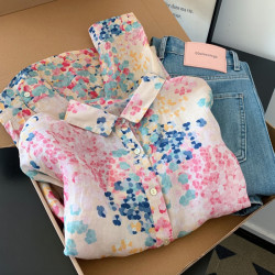 自畱爆款推薦~花海如霞 棉麻碎花防曬襯衫女夏季薄款寬鬆顯瘦上衣