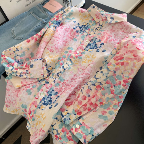 自畱爆款推薦~花海如霞 棉麻碎花防曬襯衫女夏季薄款寬鬆顯瘦上衣
