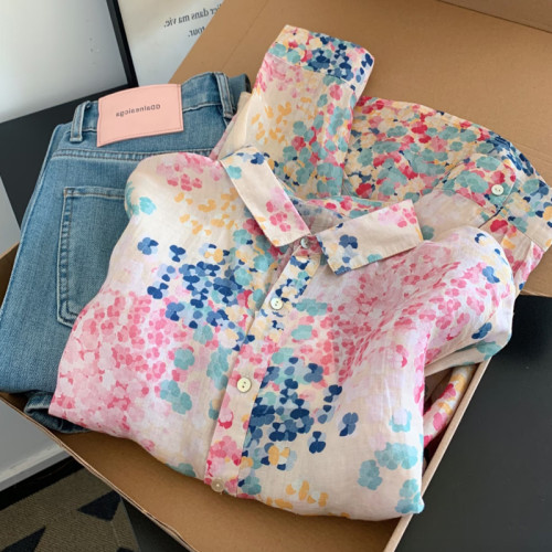 自畱爆款推薦~花海如霞 棉麻碎花防曬襯衫女夏季薄款寬鬆顯瘦上衣