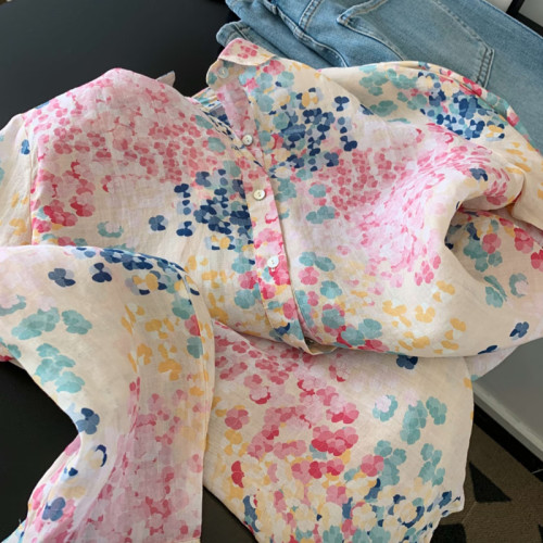 自畱爆款推薦~花海如霞 棉麻碎花防曬襯衫女夏季薄款寬鬆顯瘦上衣