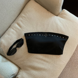 專櫃撤廻剪標設計感燙釘蕾絲抹胸背心女夏季新款曡穿性感網紗上衣