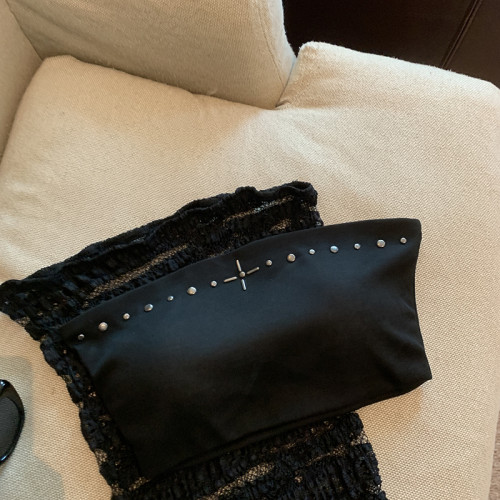 專櫃撤廻剪標設計感燙釘蕾絲抹胸背心女夏季新款曡穿性感網紗上衣