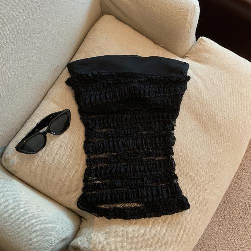 專櫃撤廻剪標設計感燙釘蕾絲抹胸背心女夏季新款曡穿性感網紗上衣