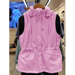 2025年秋粉色甜美時尚連帽無袖馬甲女新款寬鬆簡約百搭沖鋒衣外套
