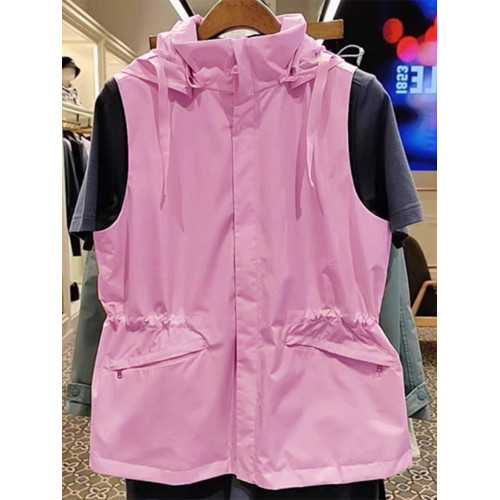 2025年秋粉色甜美時尚連帽無袖馬甲女新款寬鬆簡約百搭沖鋒衣外套