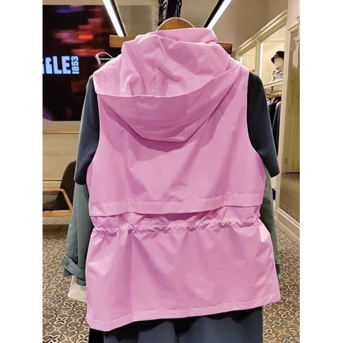 2025年秋粉色甜美時尚連帽無袖馬甲女新款寬鬆簡約百搭沖鋒衣外套