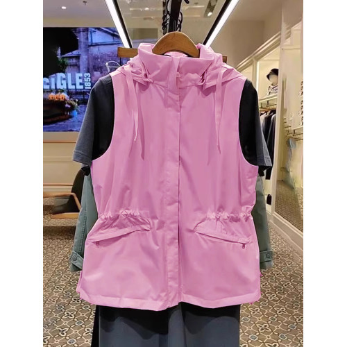 2025年秋粉色甜美時尚連帽無袖馬甲女新款寬鬆簡約百搭沖鋒衣外套