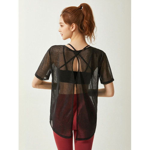 瑜珈服罩衫女短袖防曬衣夏季網紗速乾開叉漏背健身服跑步運動上衣