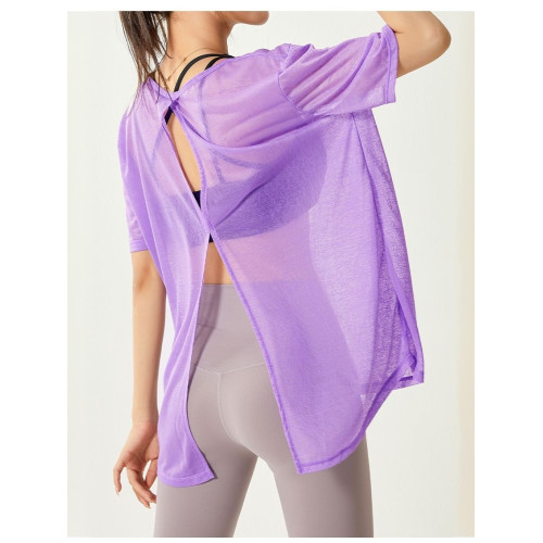 瑜珈服罩衫女短袖防曬衣夏季網紗速乾開叉漏背健身服跑步運動上衣