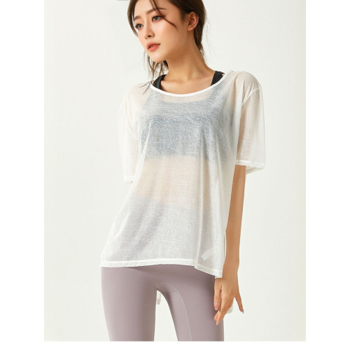 瑜珈服罩衫女短袖防曬衣夏季網紗速乾開叉漏背健身服跑步運動上衣