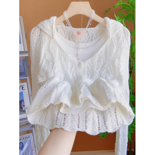 十三行韓版薄款鏤空連帽針織罩衫女夏季白色防曬開衫配背心兩件套