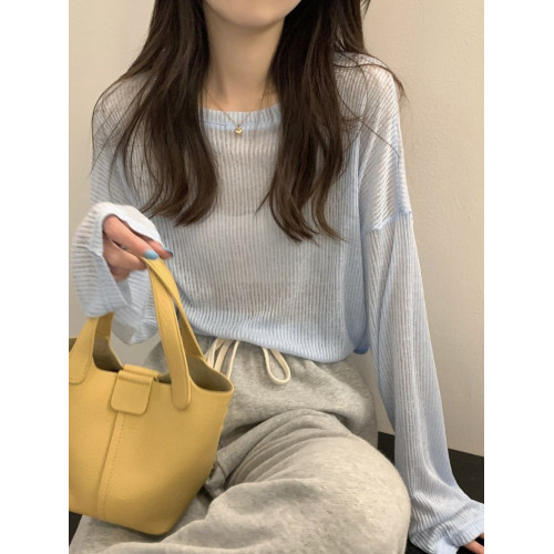 夏季百搭長袖薄款鏤空微透冰絲針織防曬罩衫女寬鬆藍色上衣慵懶風