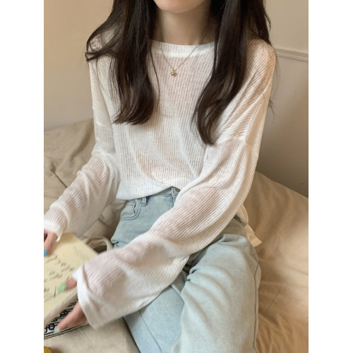 夏季百搭長袖薄款鏤空微透冰絲針織防曬罩衫女寬鬆藍色上衣慵懶風