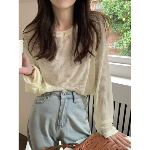 夏季百搭長袖薄款鏤空微透冰絲針織防曬罩衫女寬鬆藍色上衣慵懶風