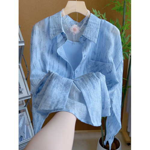 十三行法式復古紥染輕薄防曬襯衫女夏季長袖襯衣配藍色背心兩件套