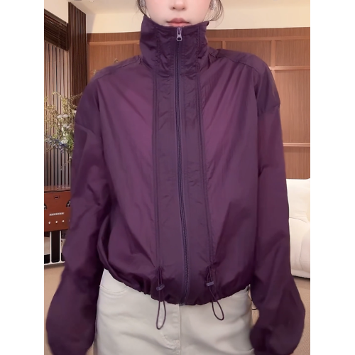 長袖防曬拉鍊外套女2025夏季新款韓版寬鬆洋氣高領紫色輕薄上衣潮