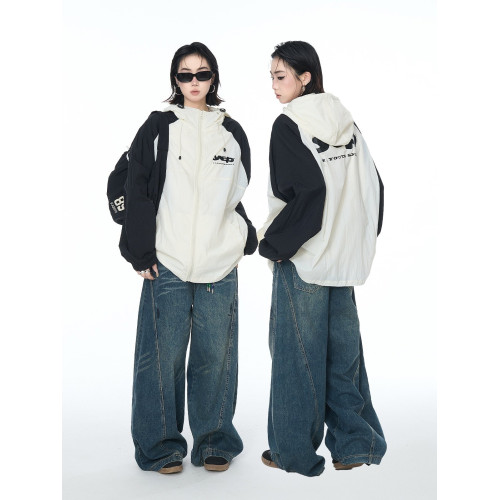 2025夏款upf50+潮流撞色連帽防曬衣男女同款透氣戶外寬鬆印花外套