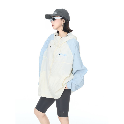 2025夏款upf50+潮流撞色連帽防曬衣男女同款透氣戶外寬鬆印花外套